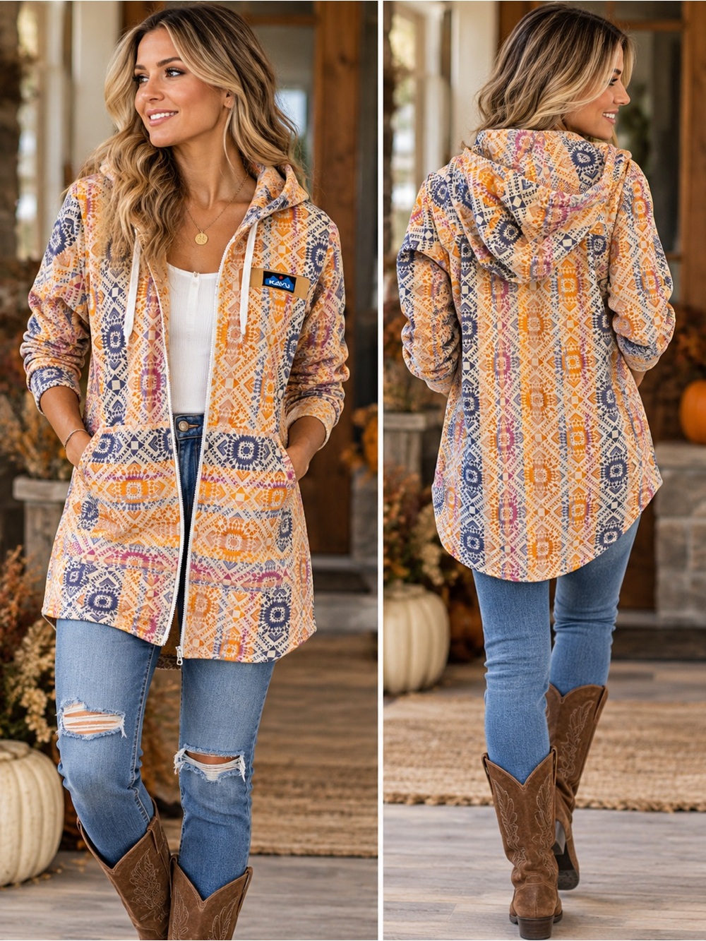 KAVU Boho Southwestern Aztec Print Long Hooded Zip-Up Jacket